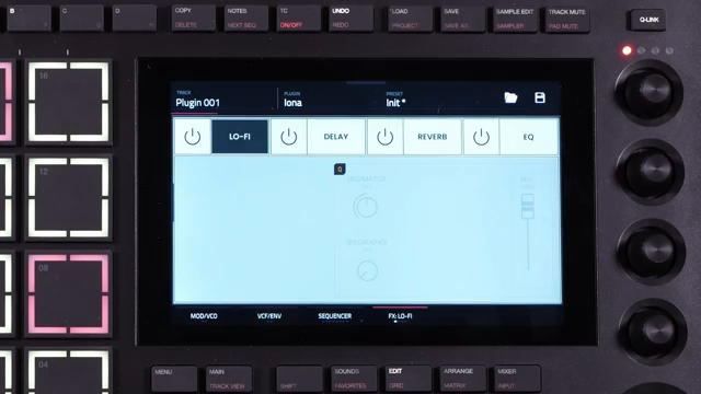 Here we have access to four different effects, lo-fi, delay, reverb, and EQ.