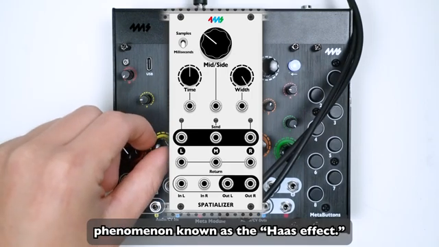 Indem ein Signal auf den gegenüberliegenden Lautsprecher gepannt und um eine kurze Zeit verzögert wird, glaubt das Gehirn, das Signal sei…