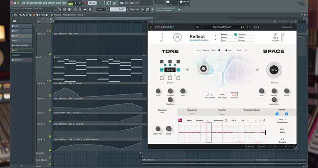 Am Ende der Phrase steigen sowohl Space Mix als auch Tone Mix deutlich an und bringen das Pad in einen fast vollständig nassen Zustand.