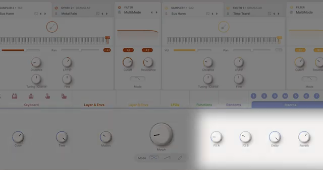 Die Morph- und Makro-Regler können gleichzeitig mehrere Parameter über beide Layer hinweg beeinflussen, um beispielsweise Filter…