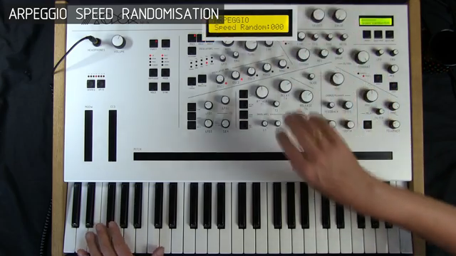 Normalerweise spielt der Arpeggiator in gleichmäßigem Tempo, aber wenn man Random erhöht, wird dieses Tempo zufällig.